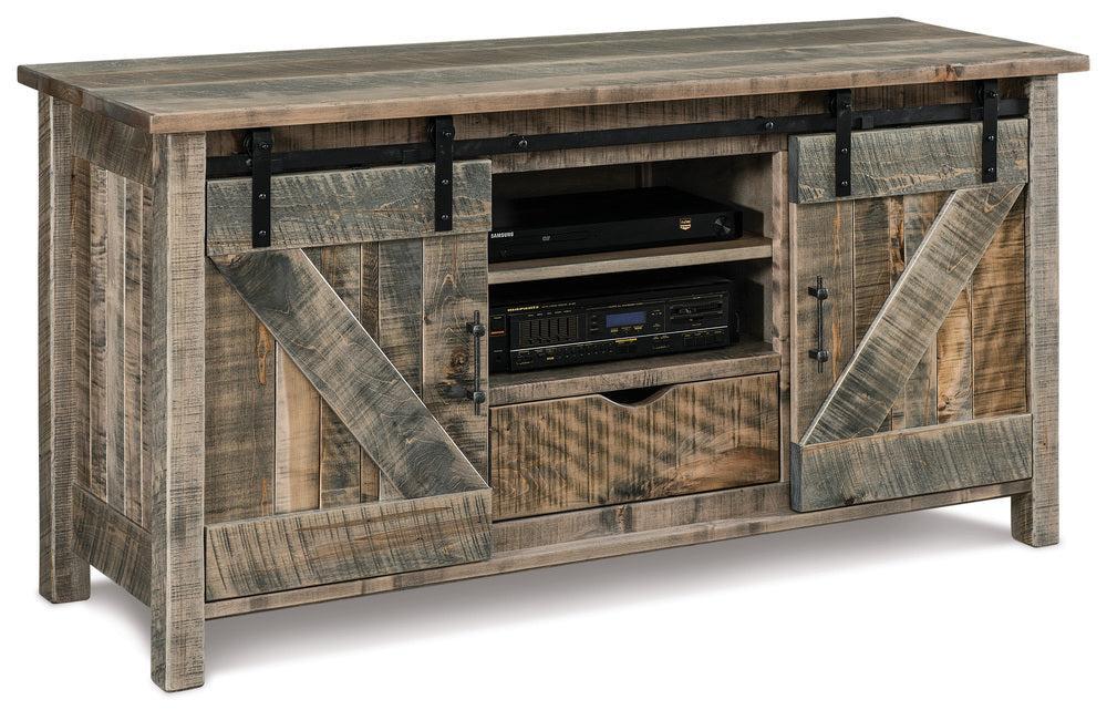 Amish Houston Two Doors One Drawer Media Stand in Rough Sawn Rustic Brown Maple - Quick Ship