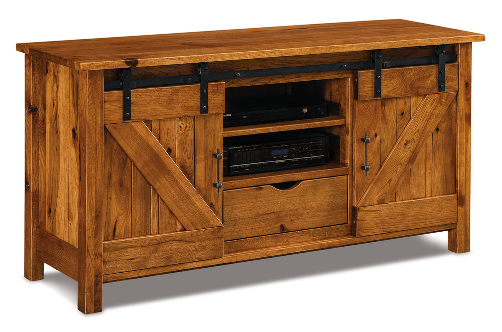 Amish Timbra Two Doors and One Drawer Media Stand in Rustic Hickory - Quick Ship