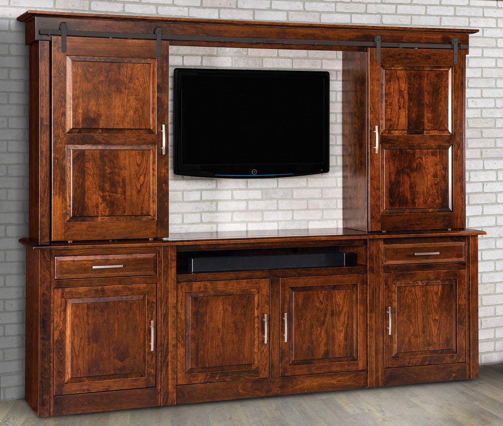 Amish Ensenada 6 Piece Entertainment Center Wall Unit with Six Doors and Two Drawers Open Bookcases on Top