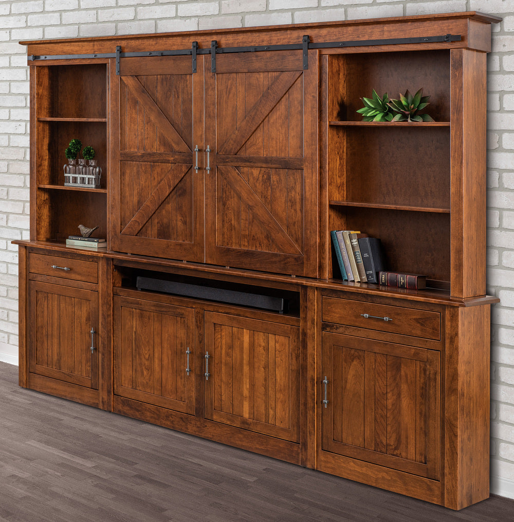 Amish Timbra 50.5" 6 Piece Wall Unit with Six Doors Open Bookcases On Top