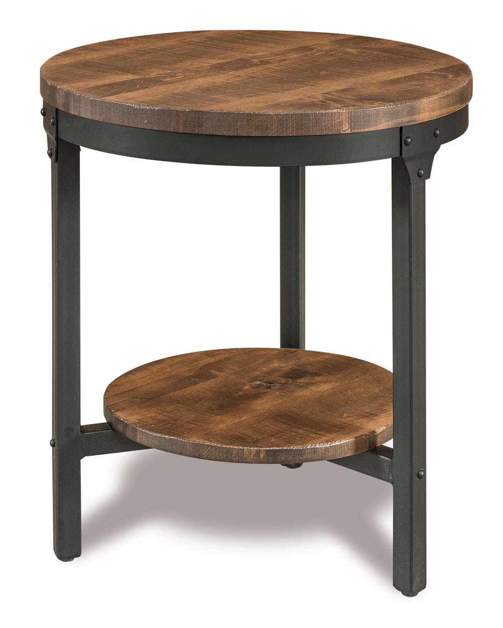 Amish Houston 22" Round Steel and Wood End Table with Shelf