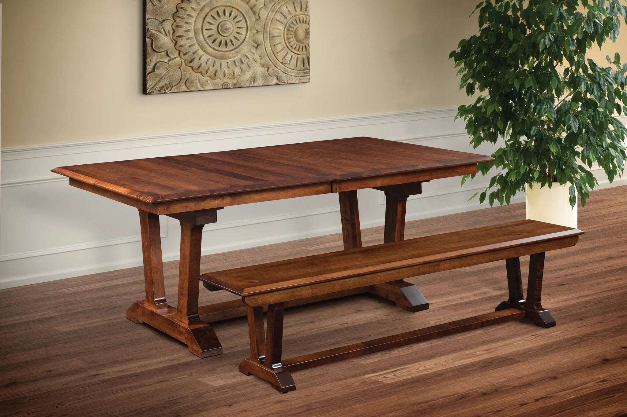 harper double pedestal table with bench in room setting