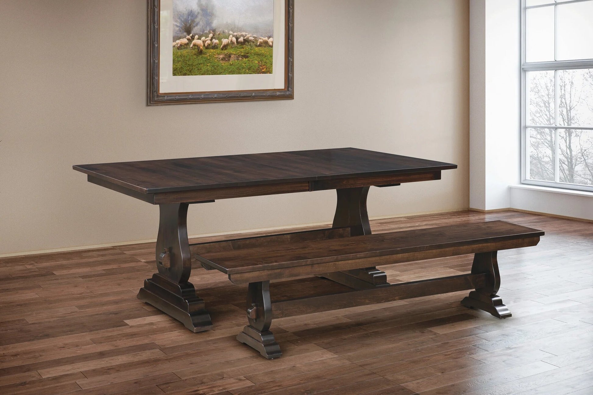 holland double pedestal with bench in room setting