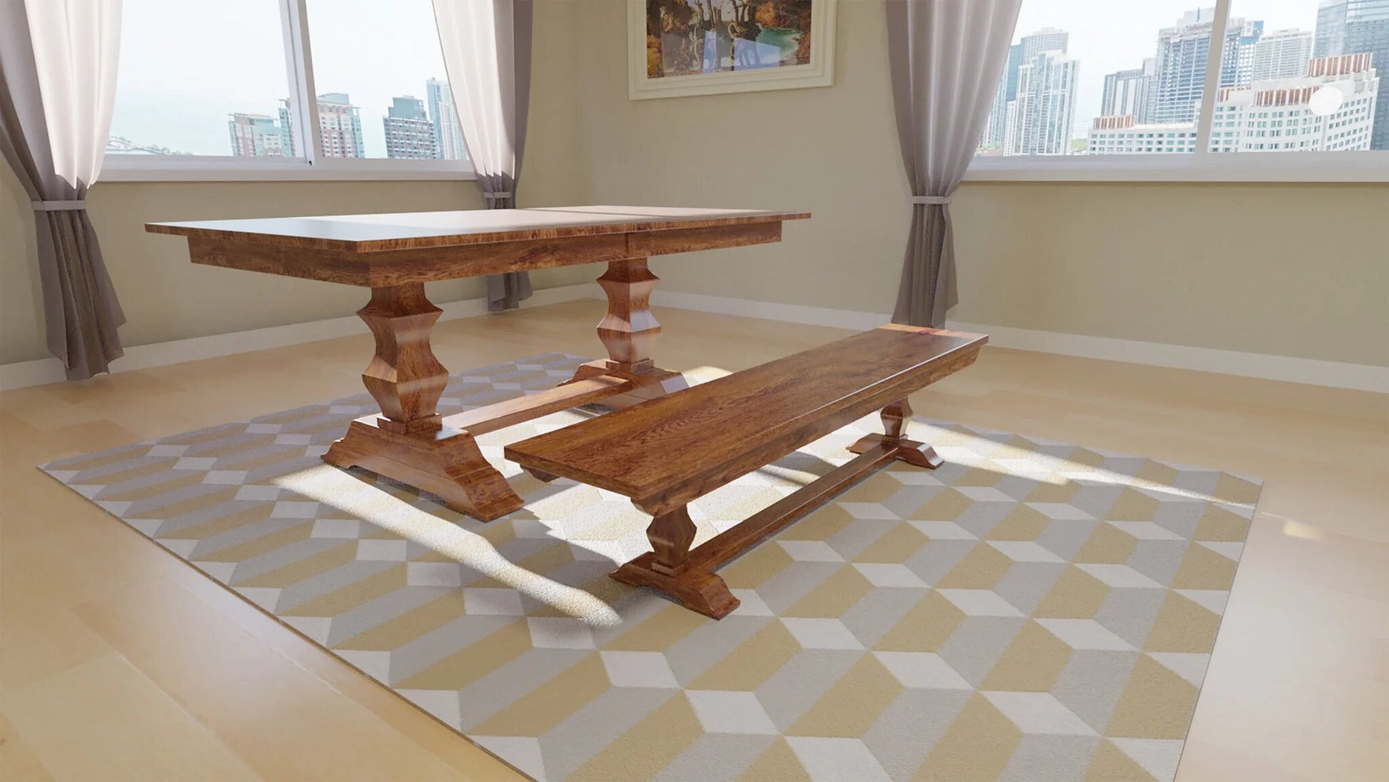 jessica double pedestal table with bench in room setting