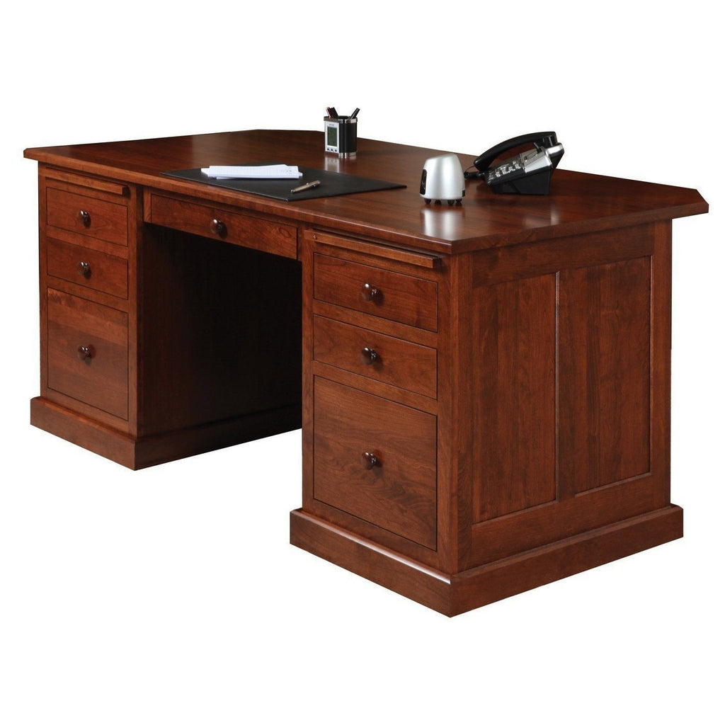 Homestead Executive Desk features unadorned corners, straight lines, and  inset panels. Features double pedestal drawer stacks with pull out writing  boards on each stack. Shown in Cherry wood with Boston stain. Key Features  Features full extension