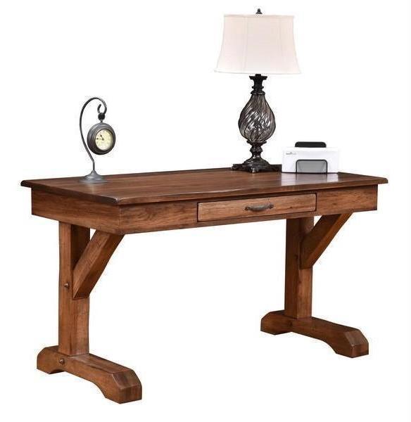 Shakespeare desk shown in hickory wood, Rock Tavern stain, hand planed top, light distressing, and hand worn edges.