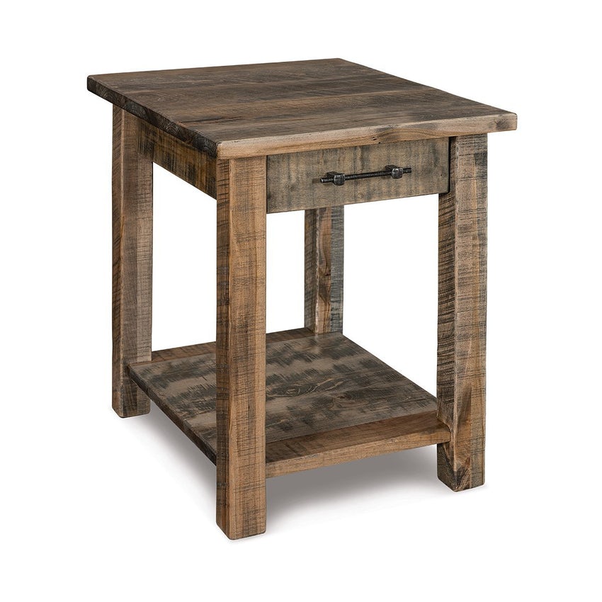 Amish Houston Open End Table with Drawer and Shelf Rough Sawn Rustic Brown Maple - Quick Ship