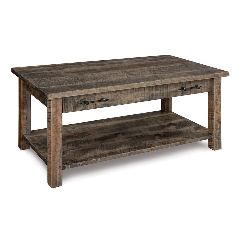 Amish Houston Open Coffee Table with Drawer and Shelf Rough Sawn Rustic Brown Maple - Quick Ship