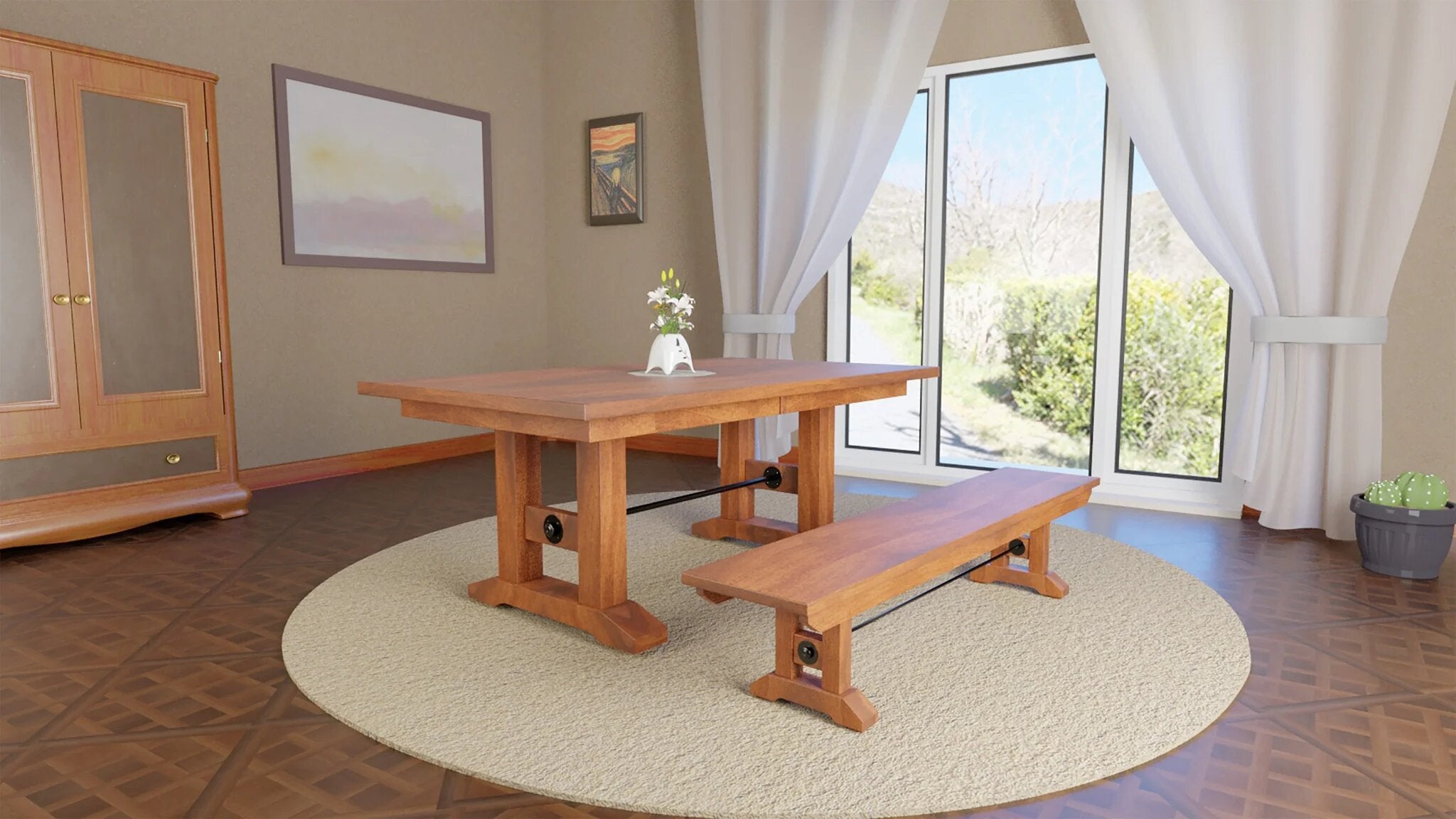 taylor double pedestal table with bench in room setting