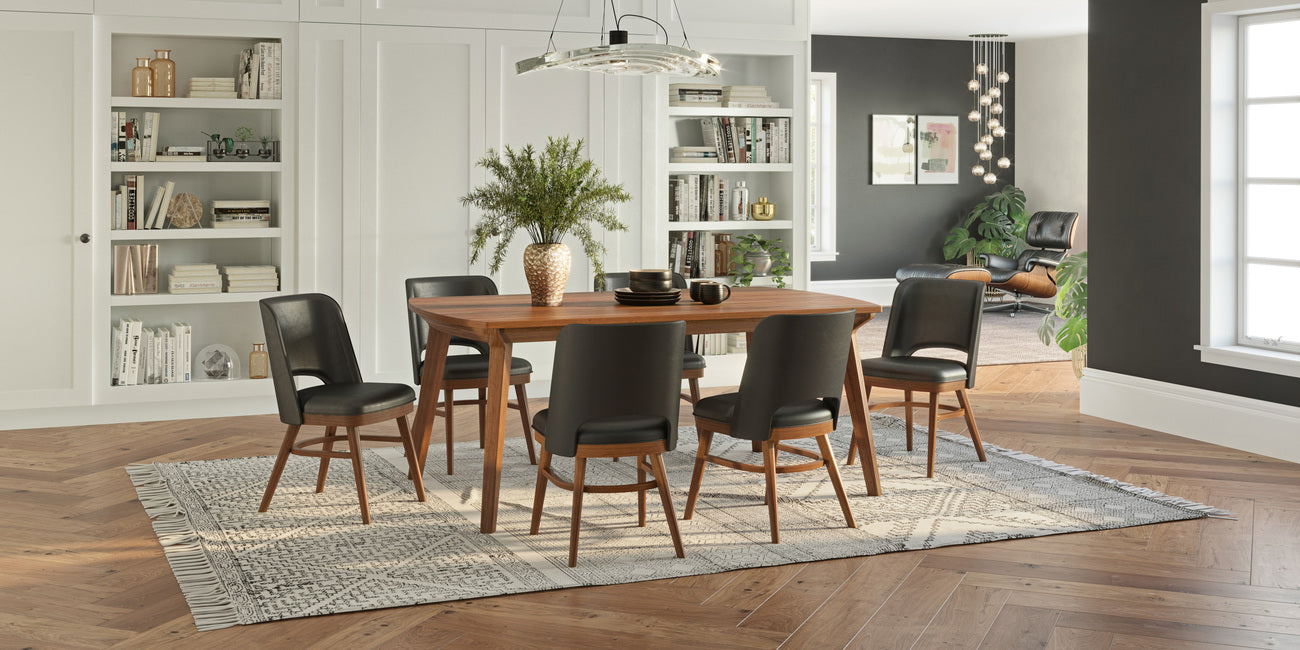 vinson dining table in cherry with chestnut stain in room setting with vinson leather chairs